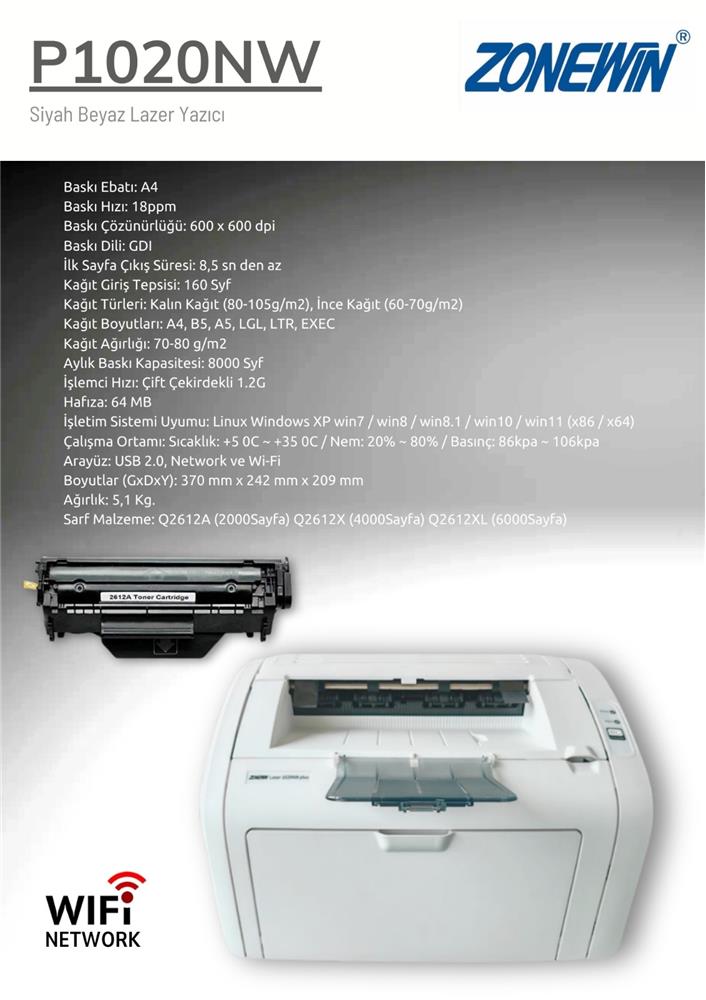Zonewin 1020nw Mono Laser A4 Yazıcı / Network, Wi-Fi